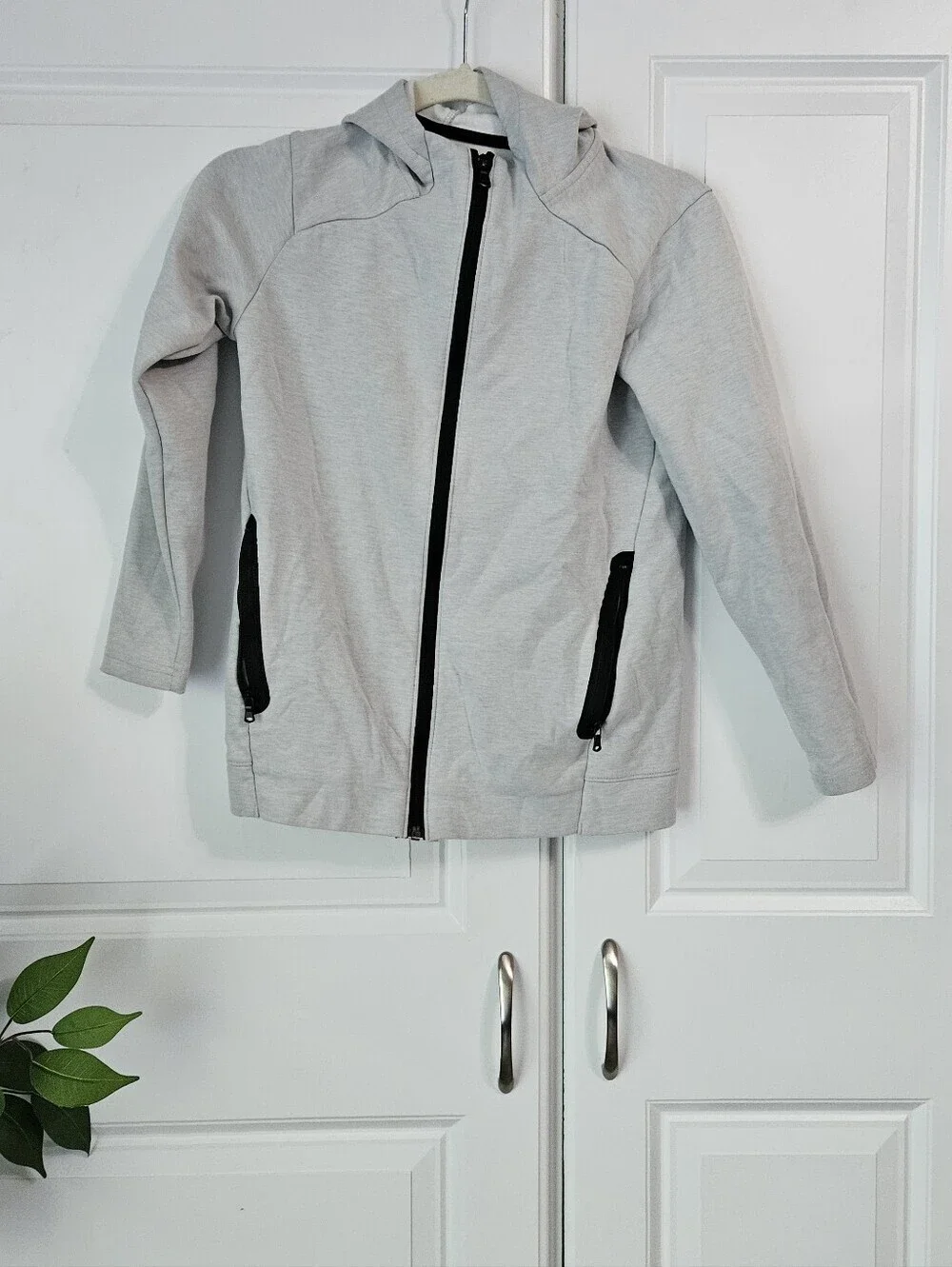 Old Navy Light Gray Kids Hooded Zip Jacket with Black Accents